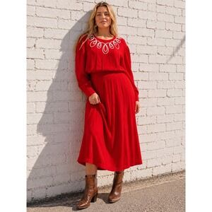 Vintage KSL Red Rayon Pleated Midi‎ Dress Embroidered Neck Plus Size 20W